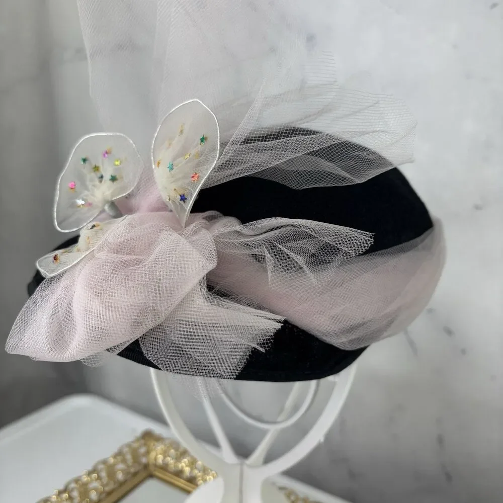 Vintage 1950s 60s Woven Cloche Hat Pink Tulle Bow Star Cocktail Fascinator MCM